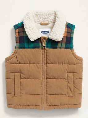Old Navy Baby Sherpa Collar Corduroy Puffer Vest Plaid 3-6M